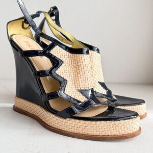 Pollini Raffia Patent Leather Navy Blue Wedge Summer Heels 40